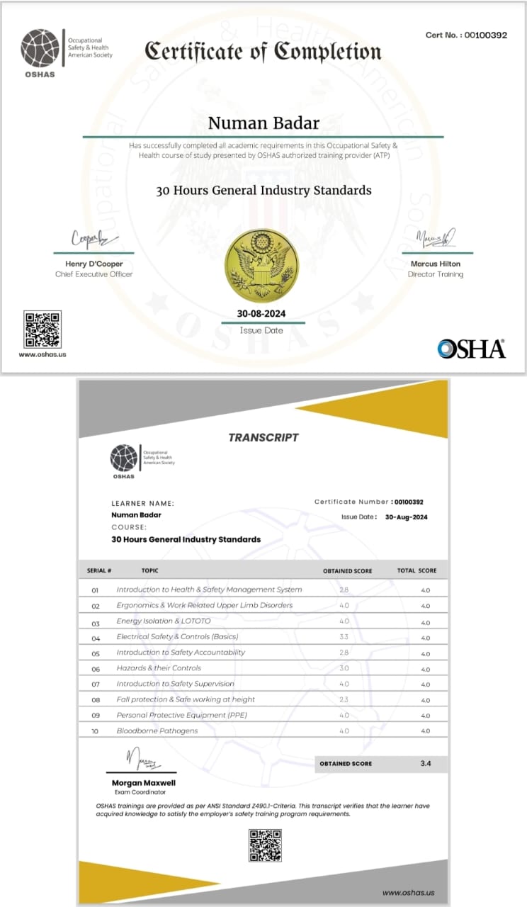 OSHA Certificate